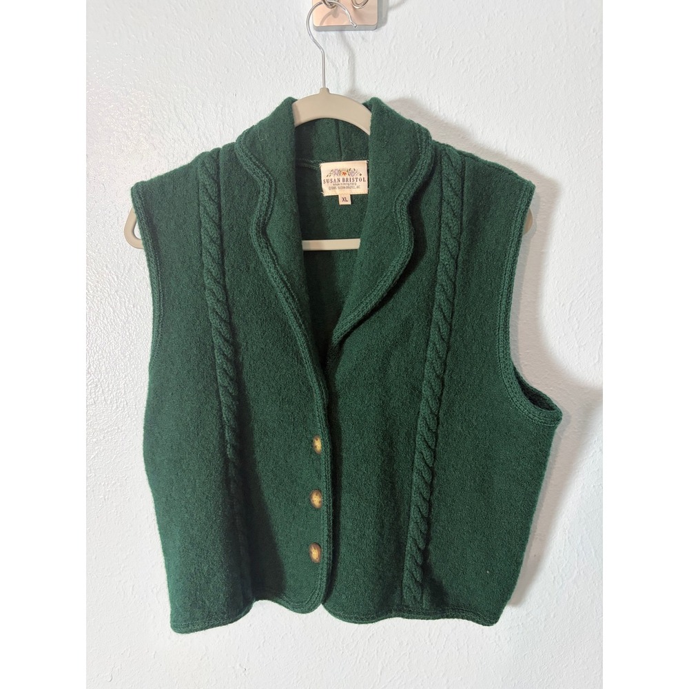 Vintage Susan Bristol 100% Boiled Wool Vest Forest Green Cable Knit Academia